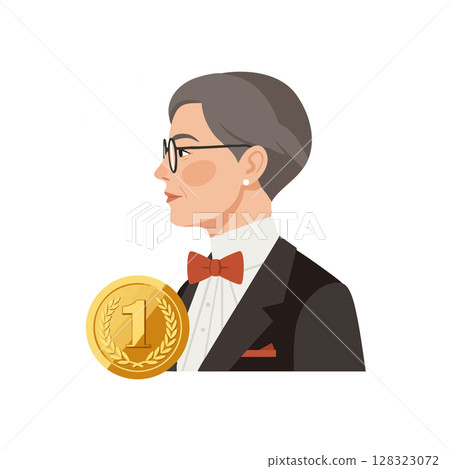 Elegant mature woman in tuxedo with bow tie holding gold medal vector illustration Elegant mature woman in tuxedo with bow tie holding gold medal vector illustration 128323072