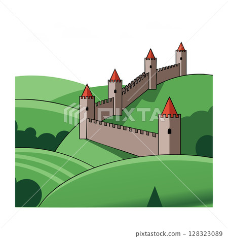 Medieval castle with red roofs on green hills vector illustration landscape scenery 128323089