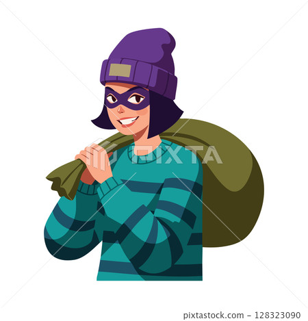 Female cartoon thief with purple hat and striped sweater carrying large sack vector illustration Female cartoon thief with purple hat and striped sweater carrying large sack vector illustration 128323090