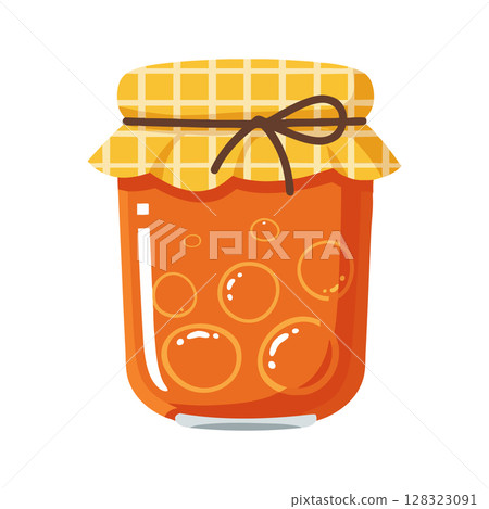 Jar of Orange Jam with Yellow Checkered Lid and Bow Vector Illustration 128323091