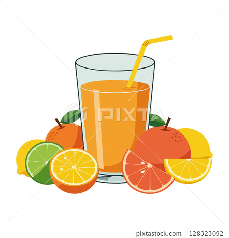 Glass of orange juice with citrus fruits including lemon lime and grapefruit vector illustration 128323092