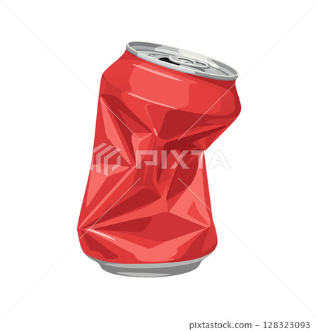 Crushed red aluminum can vector illustration with metallic top and bottom details 128323093