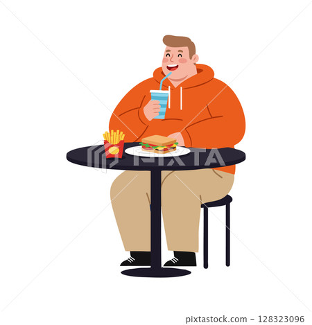 Man in orange hoodie eating sandwich and drinking soda at table vector illustration 128323096