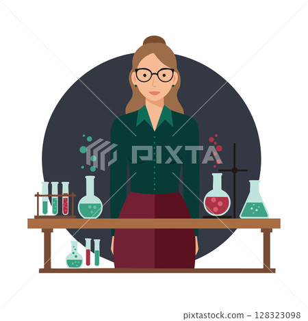 Female scientist conducting chemical experiments in laboratory with glassware and colorful liquids vector illustration 128323098