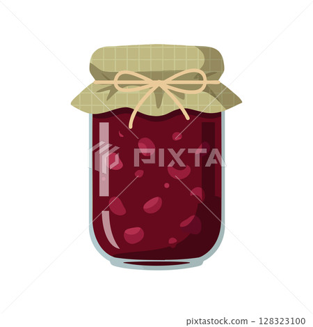 Jar of Red Fruit Jam with Beige Cloth Lid and Bow Vector Illustration 128323100
