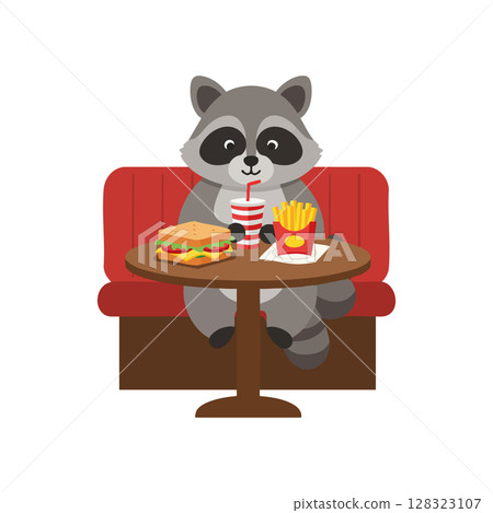Raccoon enjoying fast food meal with burger fries and soda at restaurant booth vector illustration Raccoon enjoying fast food meal with burger fries and soda at restaurant booth vector illustration 128323107