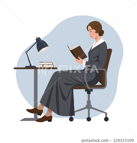 Woman reading book sitting on office chair near desk with lamp vector illustration 128323109