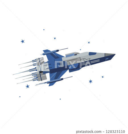 Futuristic spaceship flying through starry outer space digital vector illustration 128323110