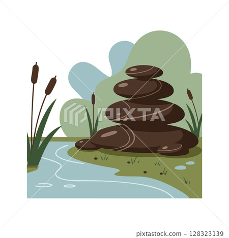 Stacked brown stones near river with green plants and cattails natural scene vector illustration 128323139