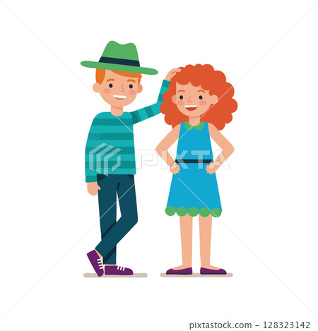 Boy wearing green hat and striped shirt with smiling girl in blue dress vector illustration Boy wearing green hat and striped shirt with smiling girl in blue dress vector illustration 128323142