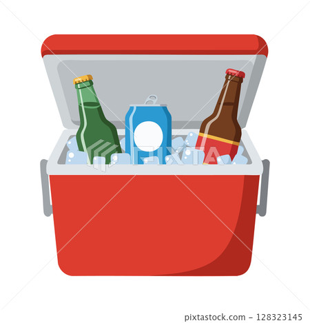 Cooler box filled with ice and assorted beverage bottles and can vector illustration 128323145