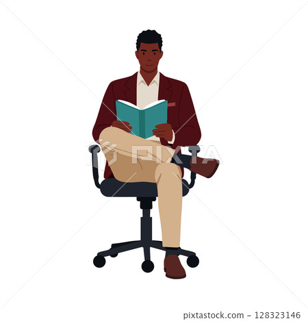 Man reading book sitting on office chair in casual outfit vector illustration 128323146