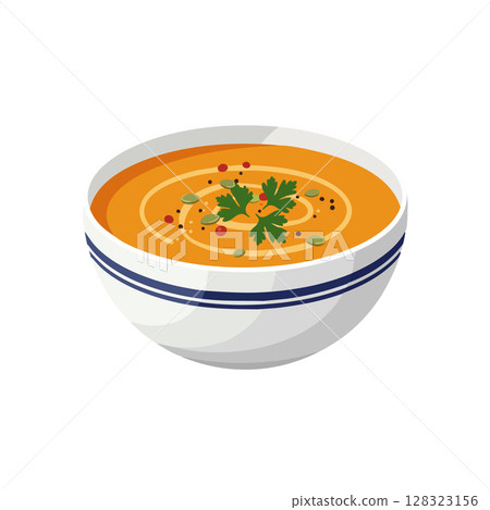 Pumpkin soup in white bowl with blue stripes garnished with herbs and seeds vector illustration Pumpkin soup in white bowl with blue stripes garnished with herbs and seeds vector illustration 128323156