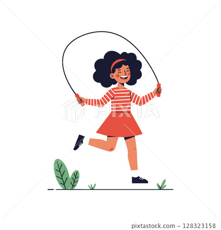Girl in red skirt and striped shirt jumping rope outdoor vector illustration 128323158