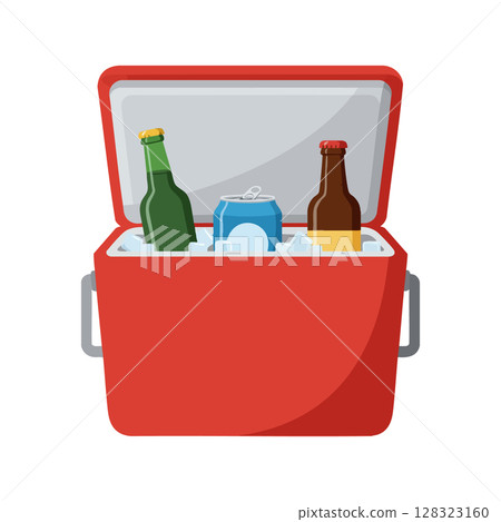Portable red cooler with ice and assorted bottled drinks for outdoor activities vector illustration Portable red cooler with ice and assorted bottled drinks for outdoor activities vector illustration 128323160