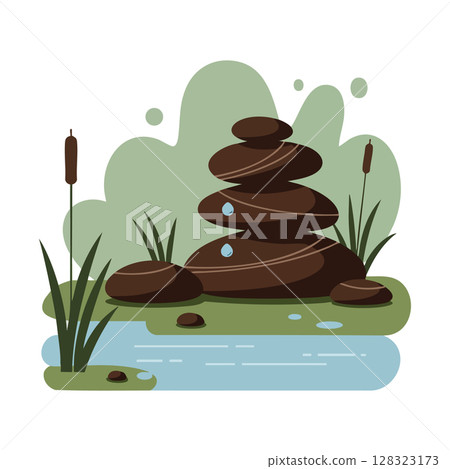 Balanced stones with water drops near pond and green plants in calm nature scene vector illustration Balanced stones with water drops near pond and green plants in calm nature scene vector illustration 128323173