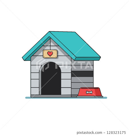 Doghouse with turquoise roof and red food bowl vector illustration for pets and animals 128323175