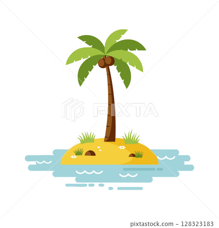 Tropical palm tree on small sandy island with coconuts and blue water vector illustration Tropical palm tree on small sandy island with coconuts and blue water vector illustration 128323183
