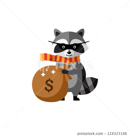 Raccoon holding money bag with dollar sign wearing orange and red striped scarf vector illustration Raccoon holding money bag with dollar sign wearing orange and red striped scarf vector illustration 128323186