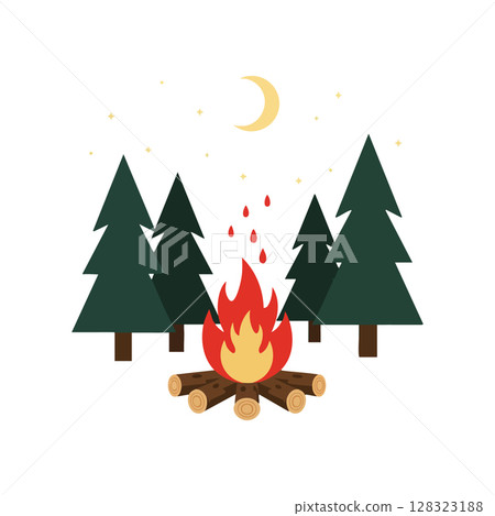 Campfire with pine trees moon and stars night forest outdoor scene vector illustration Campfire with pine trees moon and stars night forest outdoor scene vector illustration 128323188