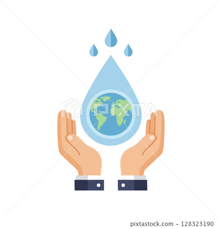 Water conservation concept with hands protecting earth inside blue water drop vector illustration Water conservation concept with hands protecting earth inside blue water drop vector illustration 128323190
