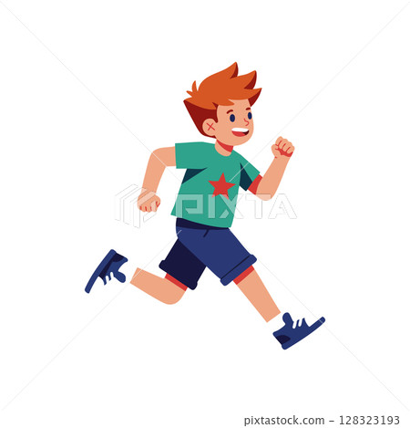 Young boy running joyfully in casual clothes with star on shirt vector illustration Young boy running joyfully in casual clothes with star on shirt vector illustration 128323193