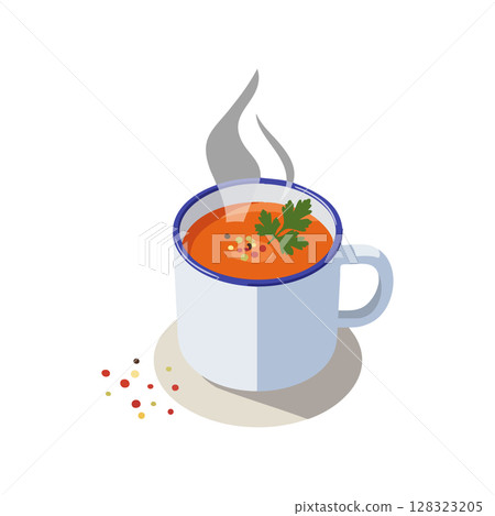 Hot steaming cup of tomato soup with herbs and spices vector illustration 128323205