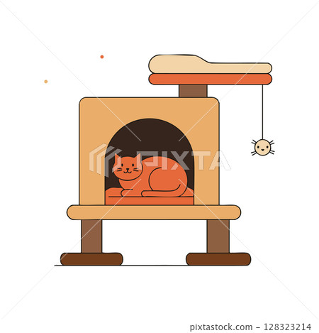 Cat resting inside beige and brown cat house with hanging toy vector illustration Cat resting inside beige and brown cat house with hanging toy vector illustration 128323214