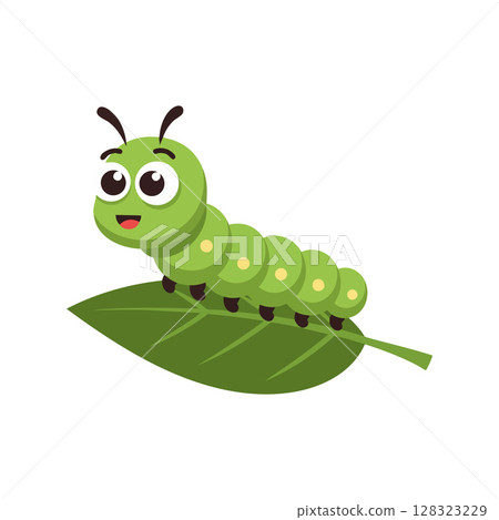 Cute green caterpillar on leaf vector illustration with smiling face and antennae Cute green caterpillar on leaf vector illustration with smiling face and antennae 128323229