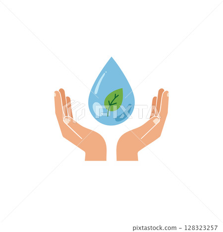 Hands Protecting Water Drop with Green Leaf Environmental Conservation Icon Vector 128323257