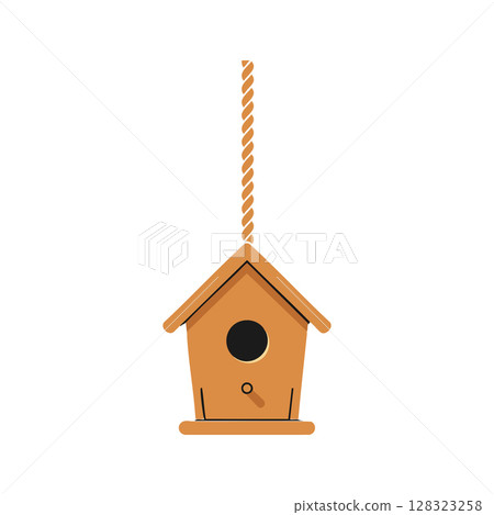 Hanging wooden birdhouse with rope for garden or outdoor decoration vector illustration 128323258