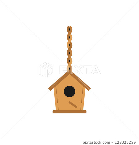 Wooden birdhouse hanging with twisted rope in simple flat style vector illustration 128323259