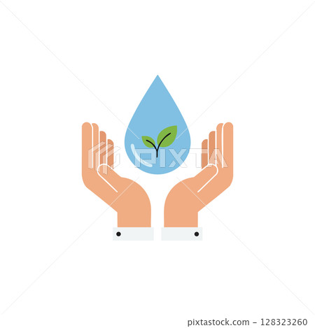 Hands Protecting Water Drop with Green Leaf Environmental Conservation Concept Vector Illustration 128323260