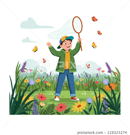 Boy Catching Butterflies in Garden with Net Surrounded by Colorful Flowers and Greenery Boy Catching Butterflies in Garden with Net Surrounded by Colorful Flowers and Greenery 128323274