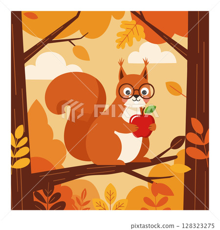 Squirrel Holding Apple on Tree Branch Autumn Leaves Cartoon Vector Illustration Squirrel Holding Apple on Tree Branch Autumn Leaves Cartoon Vector Illustration 128323275