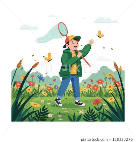 Boy catching butterflies with net outdoors in colorful flower meadow vector illustration Boy catching butterflies with net outdoors in colorful flower meadow vector illustration 128323276