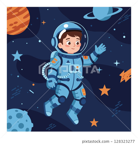 Child astronaut floating in space with planets stars and spaceship vector illustration 128323277