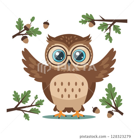 Cute owl with big glasses surrounded by oak branches and acorns vector illustration 128323279