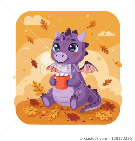 Cute purple baby dragon holding cup sitting among autumn leaves vector illustration Cute purple baby dragon holding cup sitting among autumn leaves vector illustration 128323280