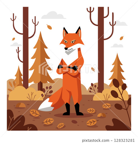 Fox standing in autumn forest with falling leaves and brown trees vector illustration 128323281
