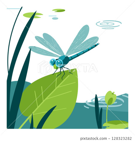 Blue dragonfly resting on green leaf near pond with water ripples vector illustration 128323282