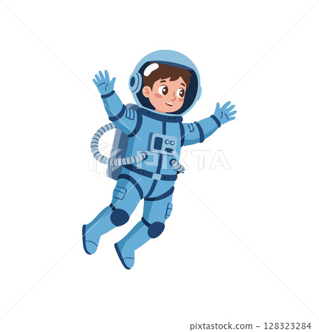 Child astronaut floating in space suit with blue colors and happy expression vector illustration Child astronaut floating in space suit with blue colors and happy expression vector illustration 128323284