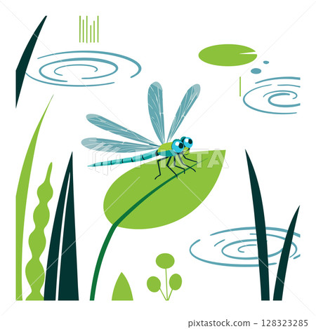 Dragonfly sitting on green leaf by water with tall grass vector illustration 128323285