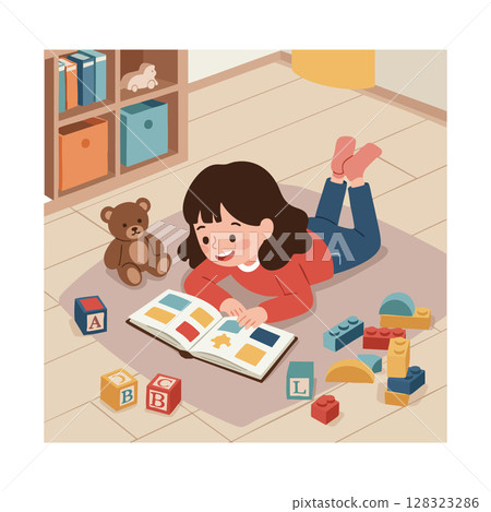 Child reading book on floor with toys and blocks in cozy playroom vector illustration 128323286