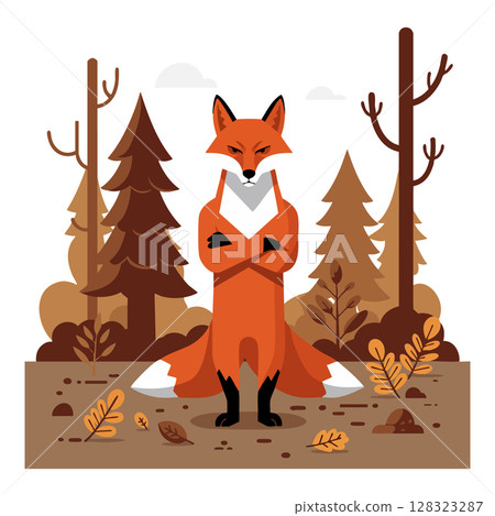 Red fox standing confidently in autumn forest with brown and orange trees vector illustration 128323287