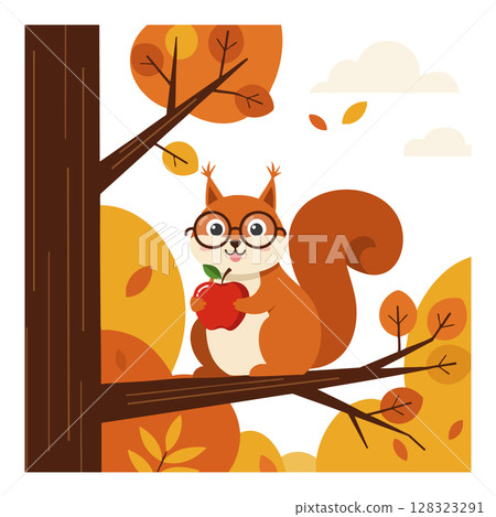Squirrel wearing glasses eating red apple on tree with autumn leaves vector illustration Squirrel wearing glasses eating red apple on tree with autumn leaves vector illustration 128323291