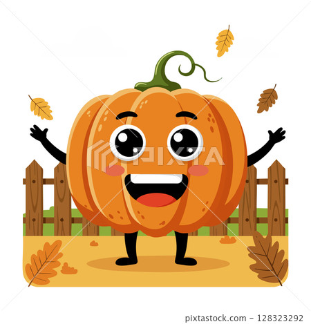 Happy cartoon pumpkin character with autumn leaves and wooden fence background vector illustration Happy cartoon pumpkin character with autumn leaves and wooden fence background vector illustration 128323292