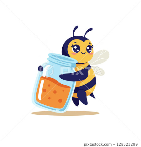 Cute cartoon bee holding honey jar with blue lid and orange honey vector illustration 128323299