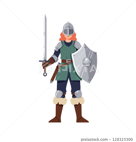 Medieval knight with sword and shield in armor vector illustration standing pose 128323300