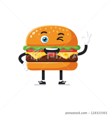 Winking cheeseburger character with lettuce and tomato smiling vector illustration Winking cheeseburger character with lettuce and tomato smiling vector illustration 128323301